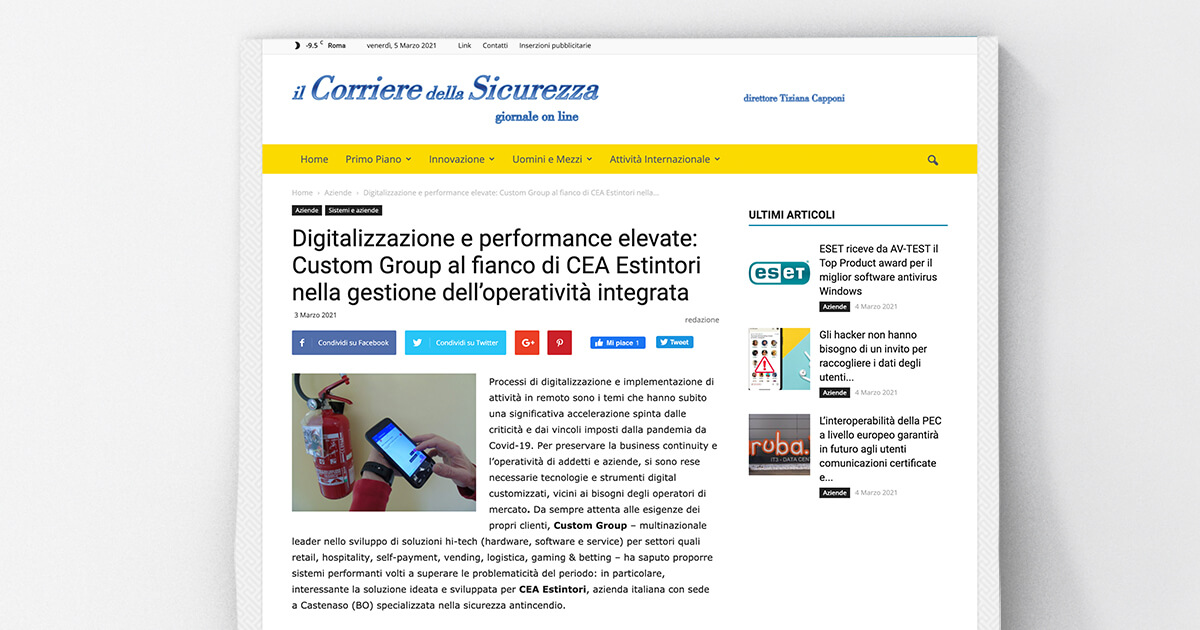 thumb_Il Corriere della Sicurezza - Digitalizzazione e performance elevate: Custom Group al fianco di CEA Estintori nella gestione dell’operatività integrata