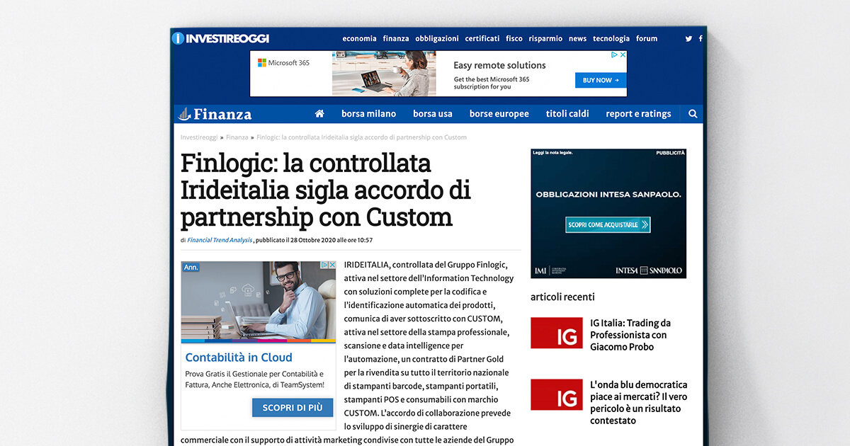 thumb_Investireoggi - Finlogic: la controllata Irideitalia sigla accordo di partnership con Custom