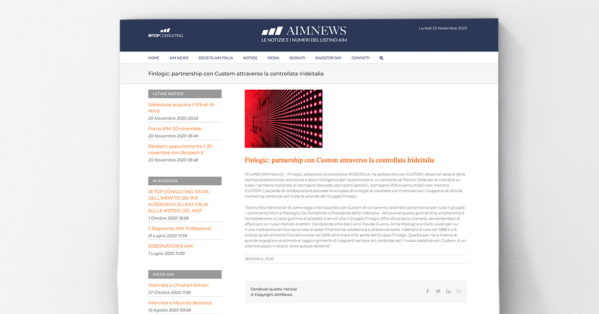 thumb_AIMnews - Finlogic: partnership con Custom attraverso la controllata Irideitalia
