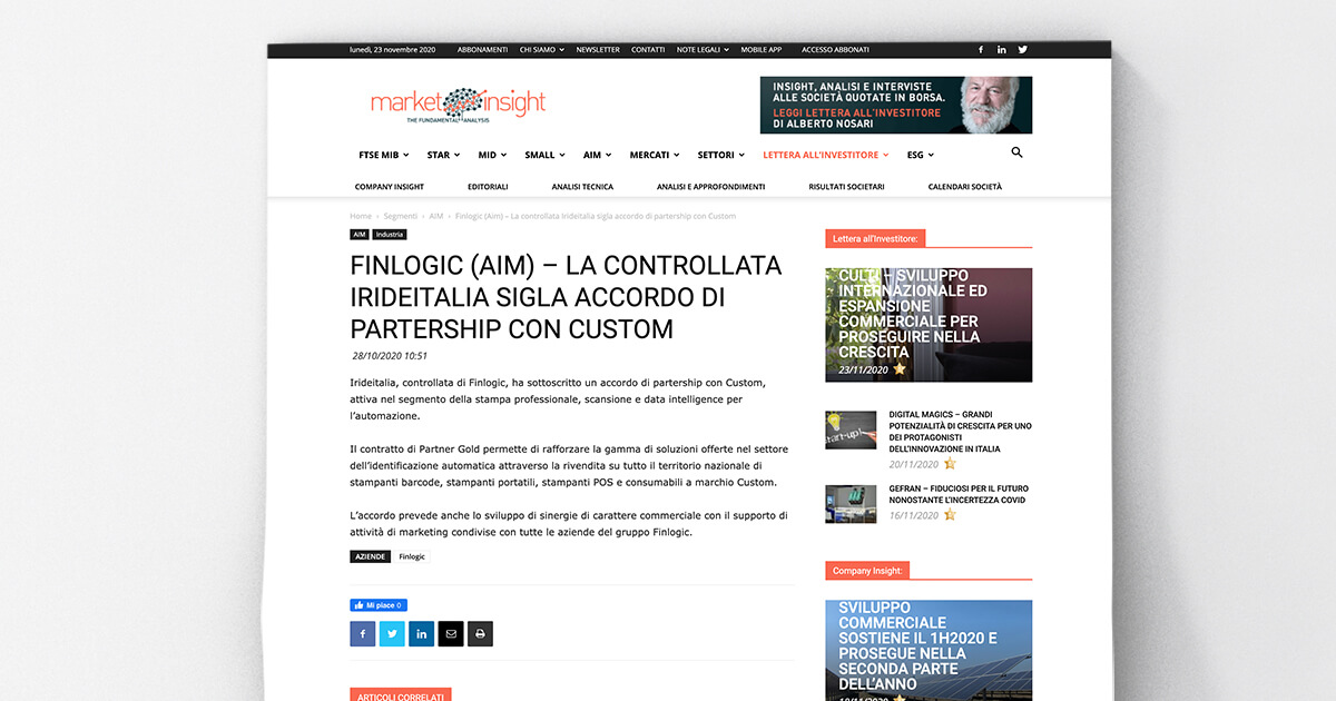 thumb_Market Insight - FINLOGIC (AIM): la controllata IRIDEITALIA sigla accordo di partnership con CUSTOM