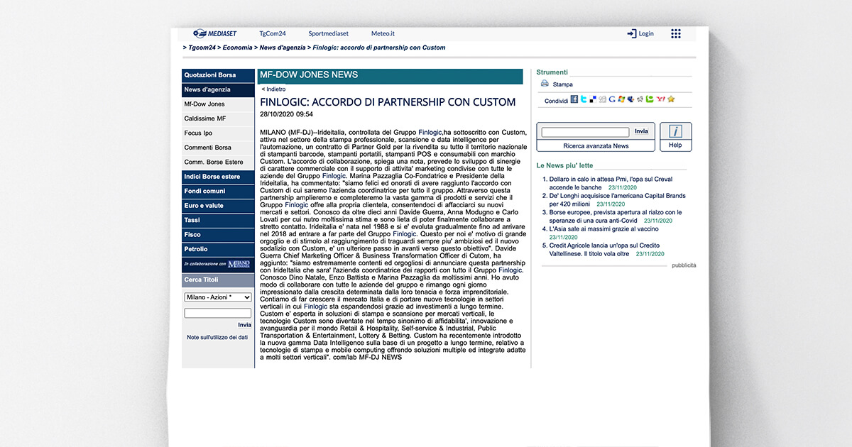 thumb_Tgcom24 - FINLOGIC: accordo di partnership con CUSTOM
